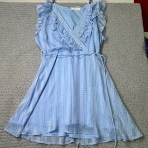 Molly Green Mini Dress Ruffle Wrap Cottagecore L Blue Plaid Romantic Summer Boho